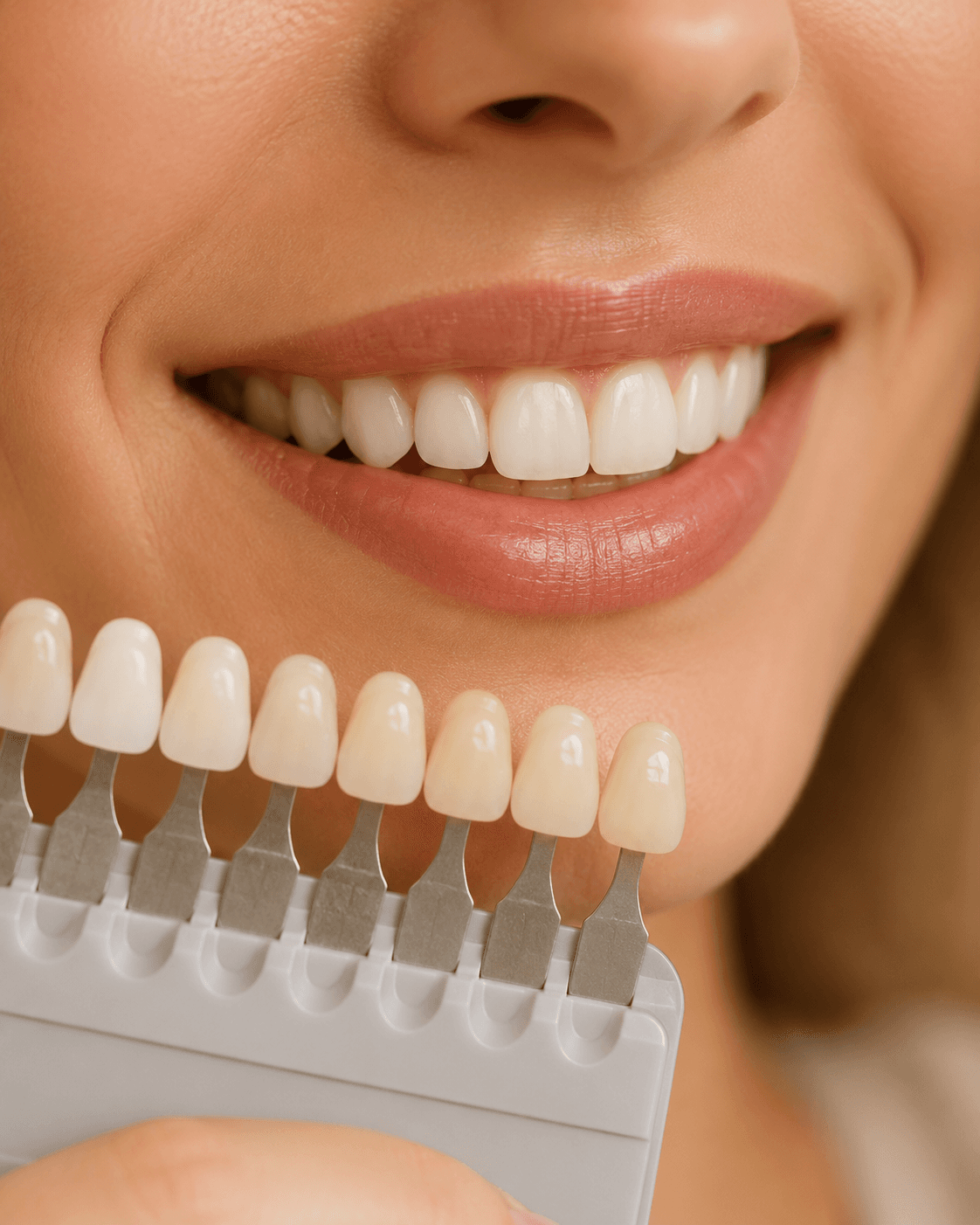 Sourire présenté avec un nuancier dentaire